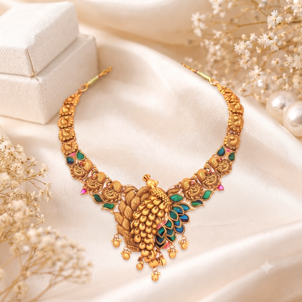 Imperial 22K Pure Gold Peacock Haram Necklace with Enamel Plume Work - Necklaces in Gold 22K