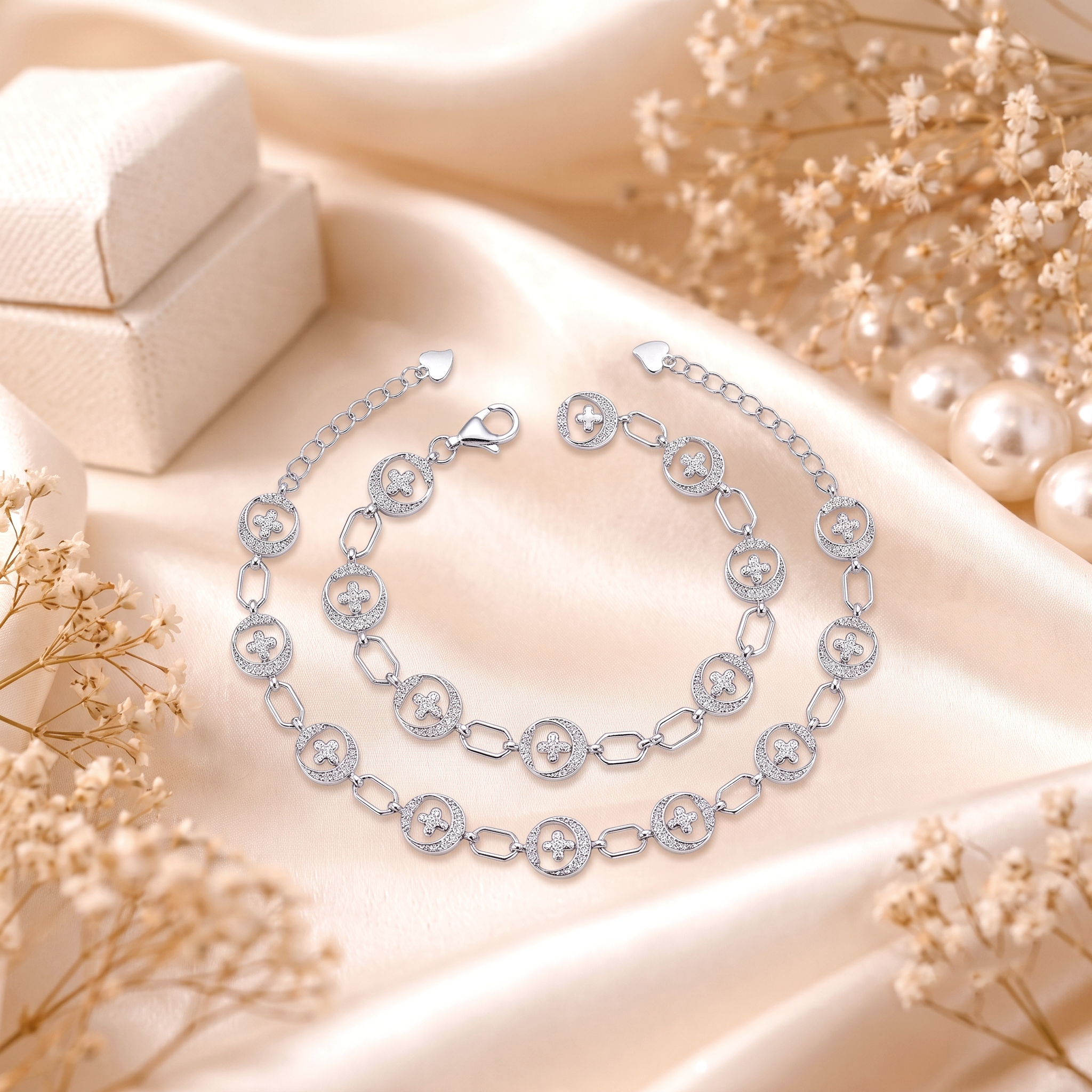 Elegant 925 Sterling Silver Cubic Zirconia Clover Filigree Link Bracelet Set - Bracelets in Silver 92.5