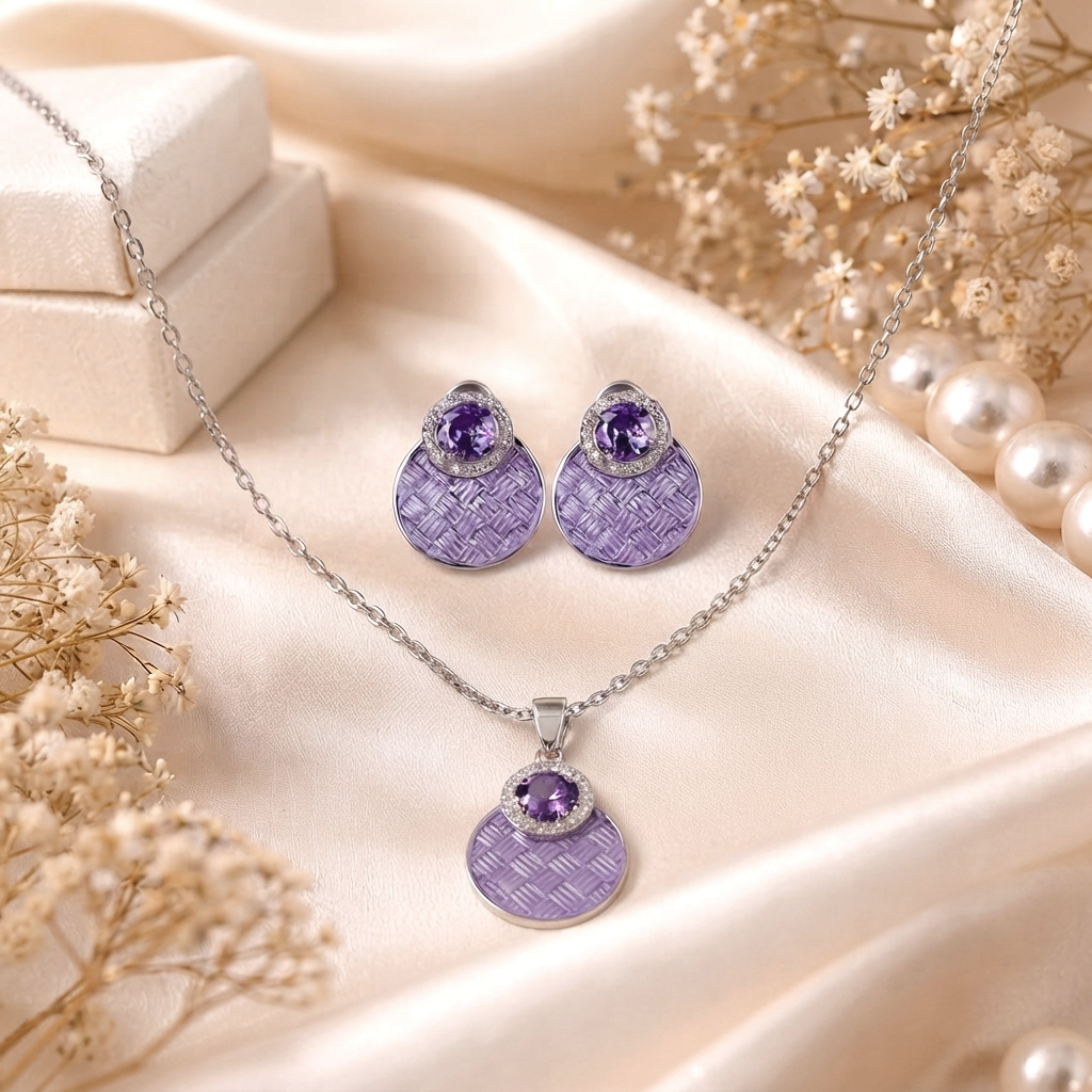 Lavender Dream Textured Pendant & Earrings Set - Silver Chain Set in Silver 92.5