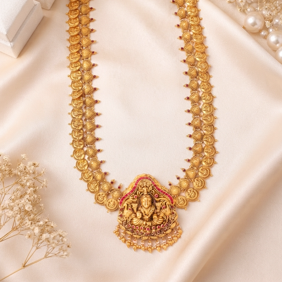 Heritage 22K Pure Gold Temple Kasu Haram Necklace with Lakshmi Medallion - Necklaces in Gold 22K