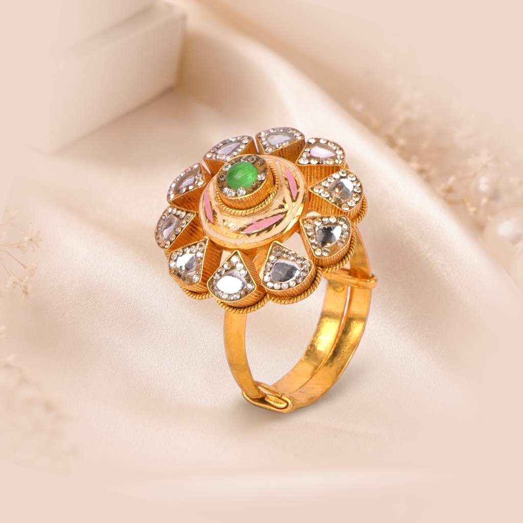Maharaja Antique Gold Floral Statement Ring with Green Cabochon - Rings in Gold 22K
