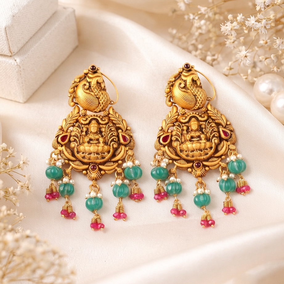 Heritage Pure Gold Temple Haram Earrings with Goddess Lakshmi and Jade Green Drops - Earrings in Gold 22K