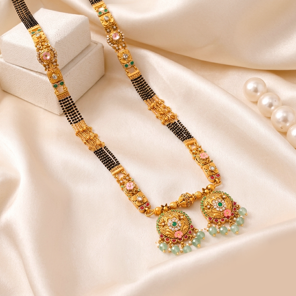 Mayura Antique Gold Ganthan with Pastel Meenakari and Mint Beads - Mangalsutra in Gold 22K