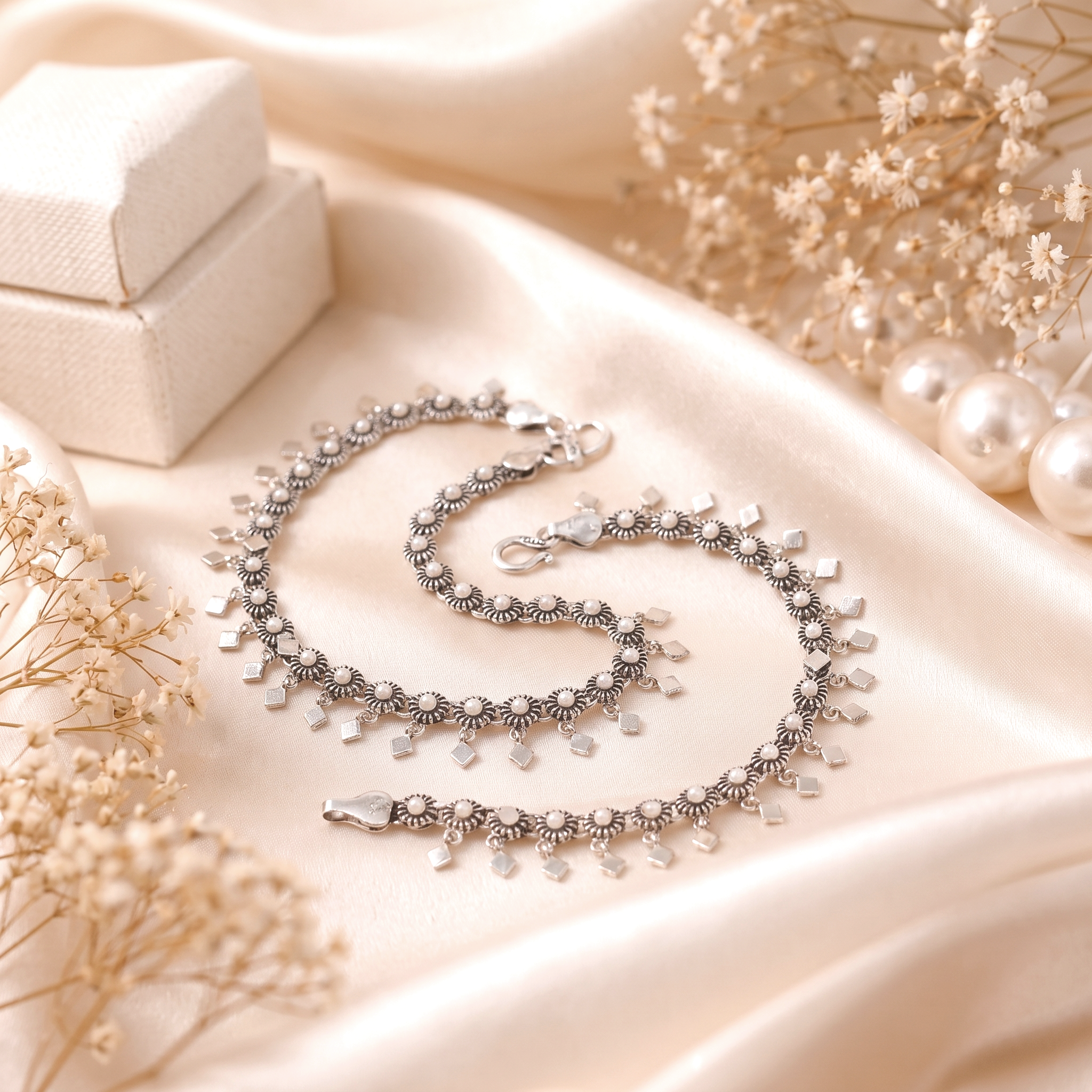 Elegant Oxidized Silver Pearl Ghungroo Anklet Pair - Anklets in Silver 92.5