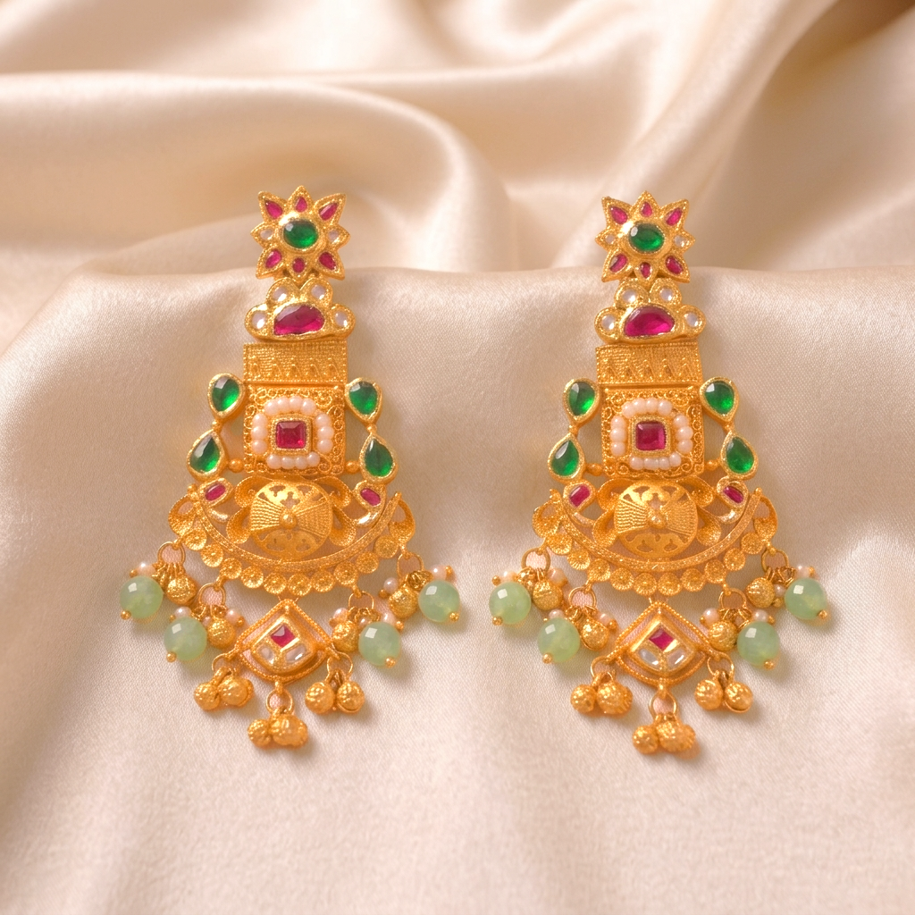Mayura Royal Antique Gold Chandelier Earrings with Pastel Mint Beads and Kundan - Earrings in Gold 22K