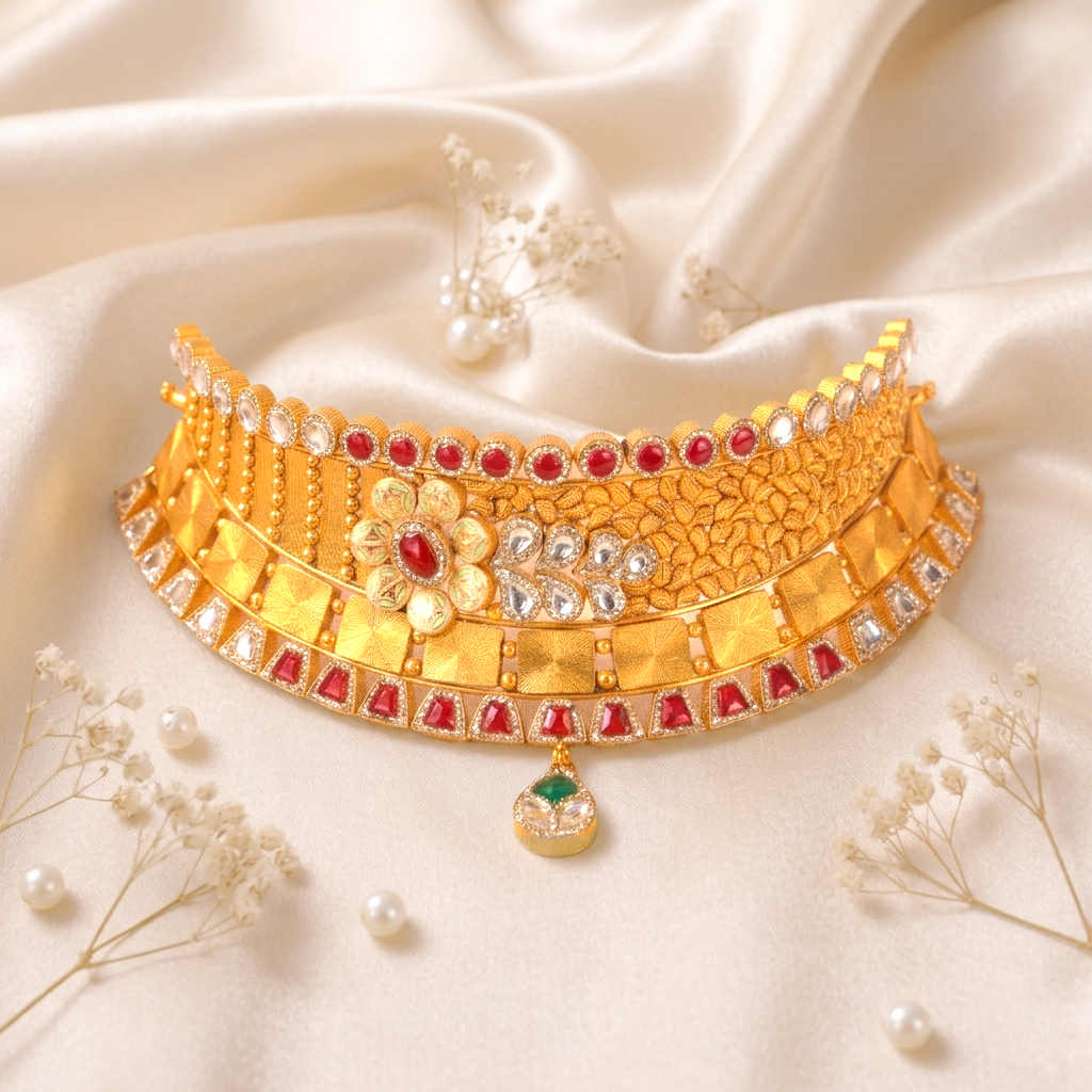 Imperial Antique Gold Choker Necklace with Kundan and Ruby Accents - Necklaces in Gold 22K