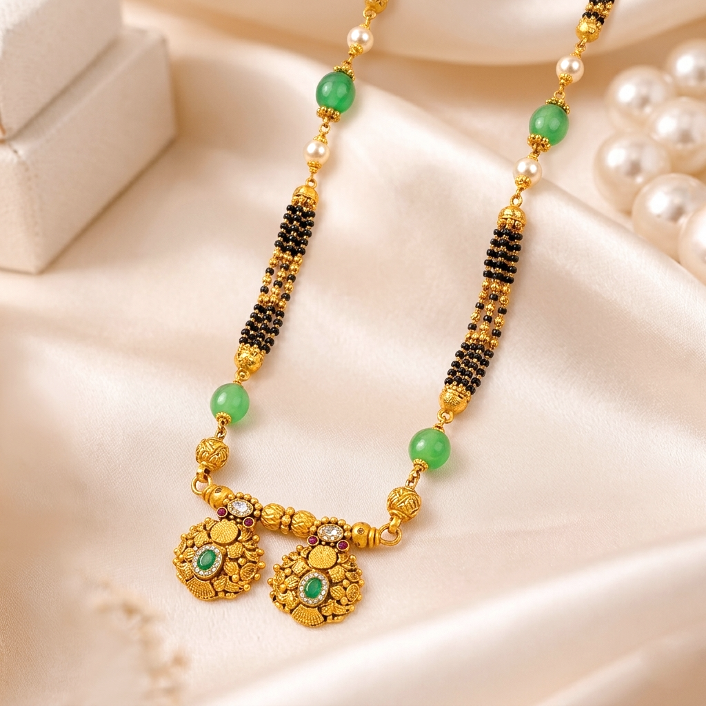 Antique Gold Ganthan Mangalsutra with Emerald Accents, Green Onyx Beads, and Pearls - Mangalsutra in Gold 22K
