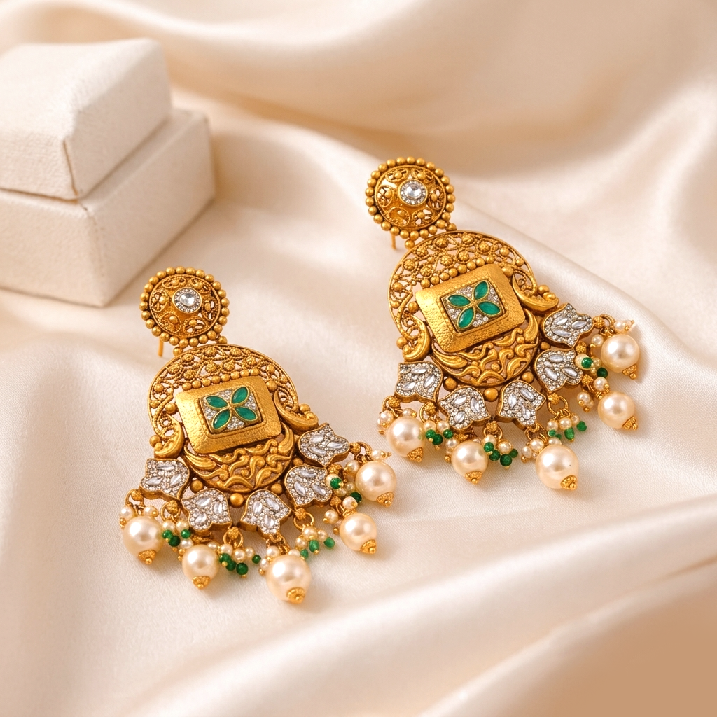 Advika Antique Gold Chandelier Earrings with Emerald Kundan and Pearl Drops - Earrings in Gold 22K