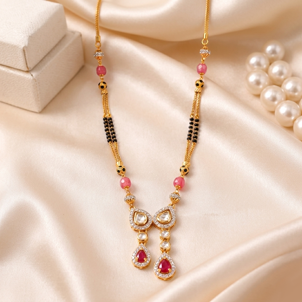 Elegant Antique Gold Mini Ganthan with Dual Pear Pendant and Ruby Drops - Mangalsutra in Gold 22K