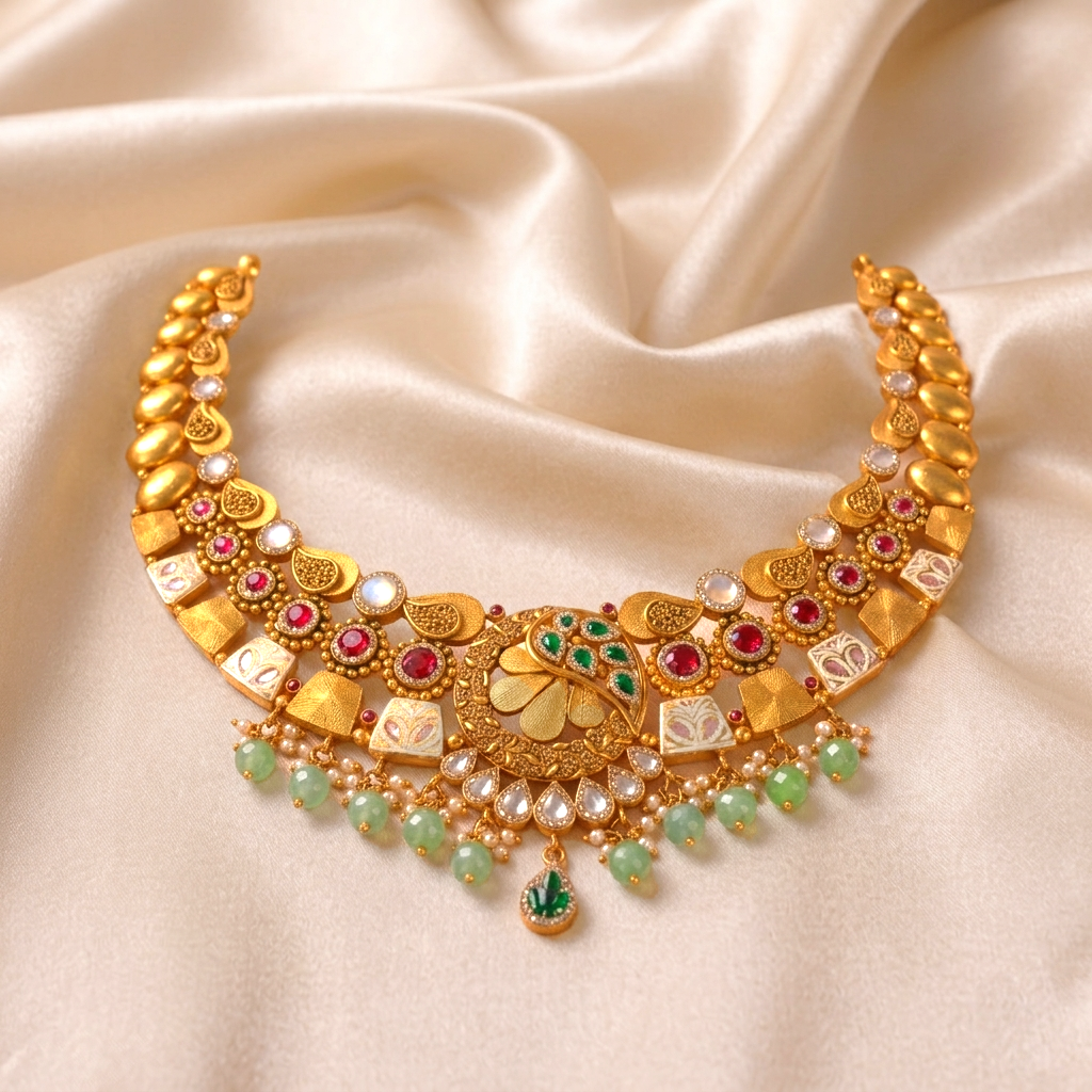 Mayurakshi Antique Gold Choker Necklace with Pastel Enamel and Mint Beads - Necklaces in Gold 22K