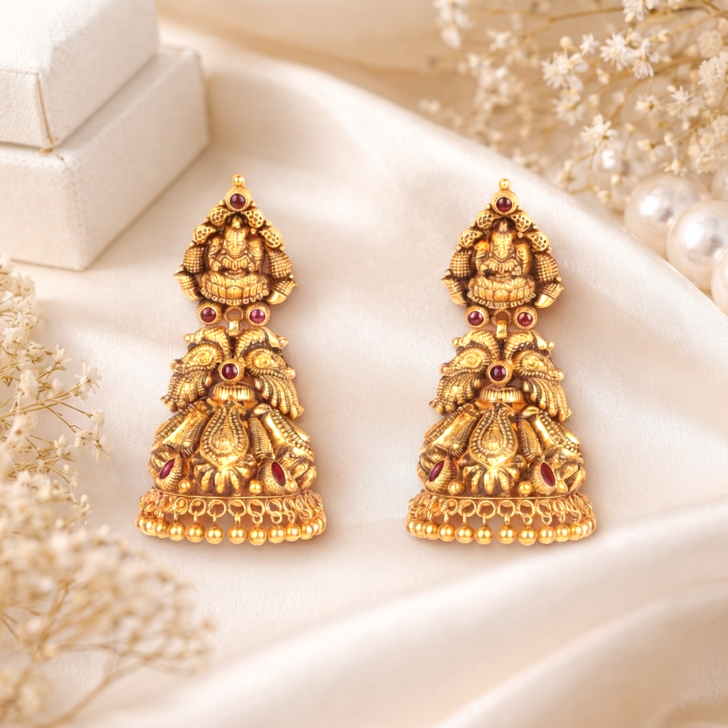 Heritage Pure Gold Temple Jhumka Earrings with Goddess Lakshmi and Ruby Accents - Earrings in Gold 22K