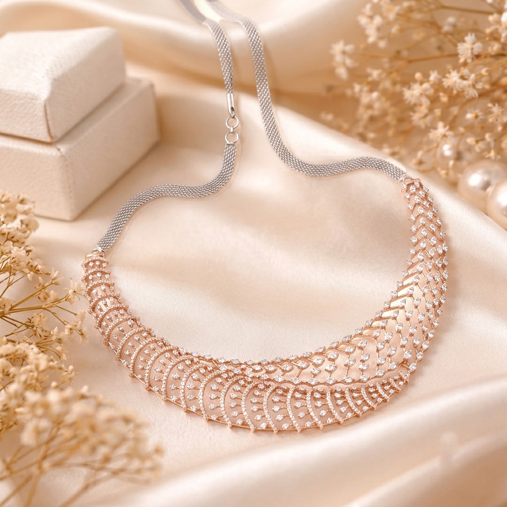 Luminous Chevron Lace 18K Pure Gold and Diamond Choker Necklace - Necklaces in Gold 18K