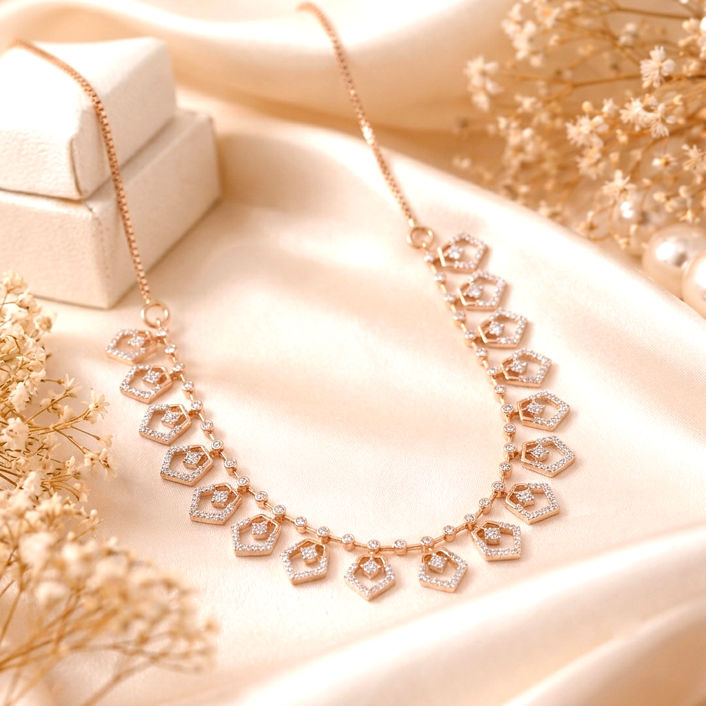 Luminous Geometric Pentagonal 18K Pure Gold and Diamond Festoon Necklace - Necklaces in Gold 18K