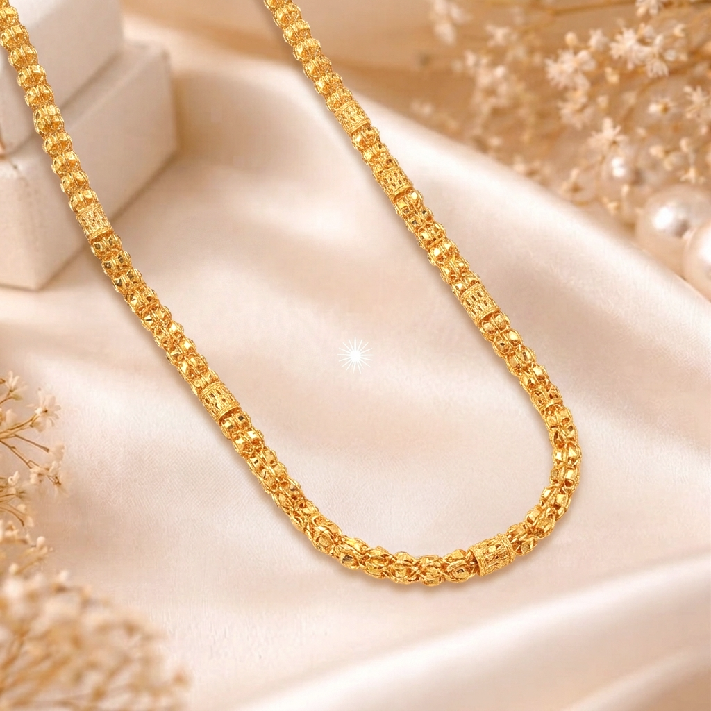 Rajputana Heritage Micro-Carved Box-Weave Gold Chain for Men - Chain in Gold 22K