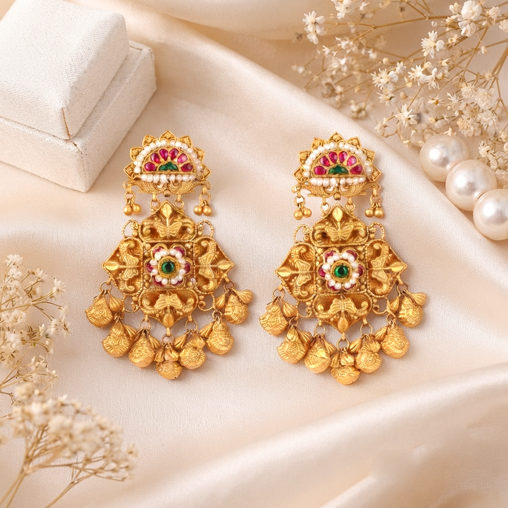 Imperial Gold Chandelier Heritage Earrings with Nakashi Medallions - Earrings in Gold 22K