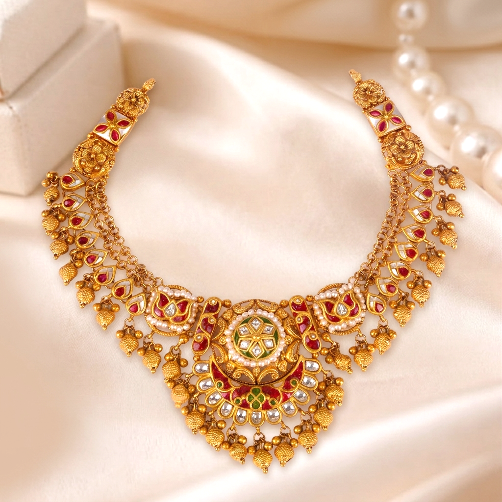 Imperial Antique Gold Filigree Festoon Necklace with Ruby-Red Accents . - Necklaces in Gold 22K