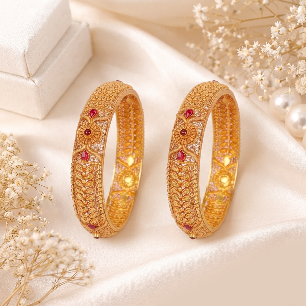 Royal Heritage 22K Pure Gold Kada Bangles with Nakashi Work and Ruby Accents - Bangles in Gold 22K