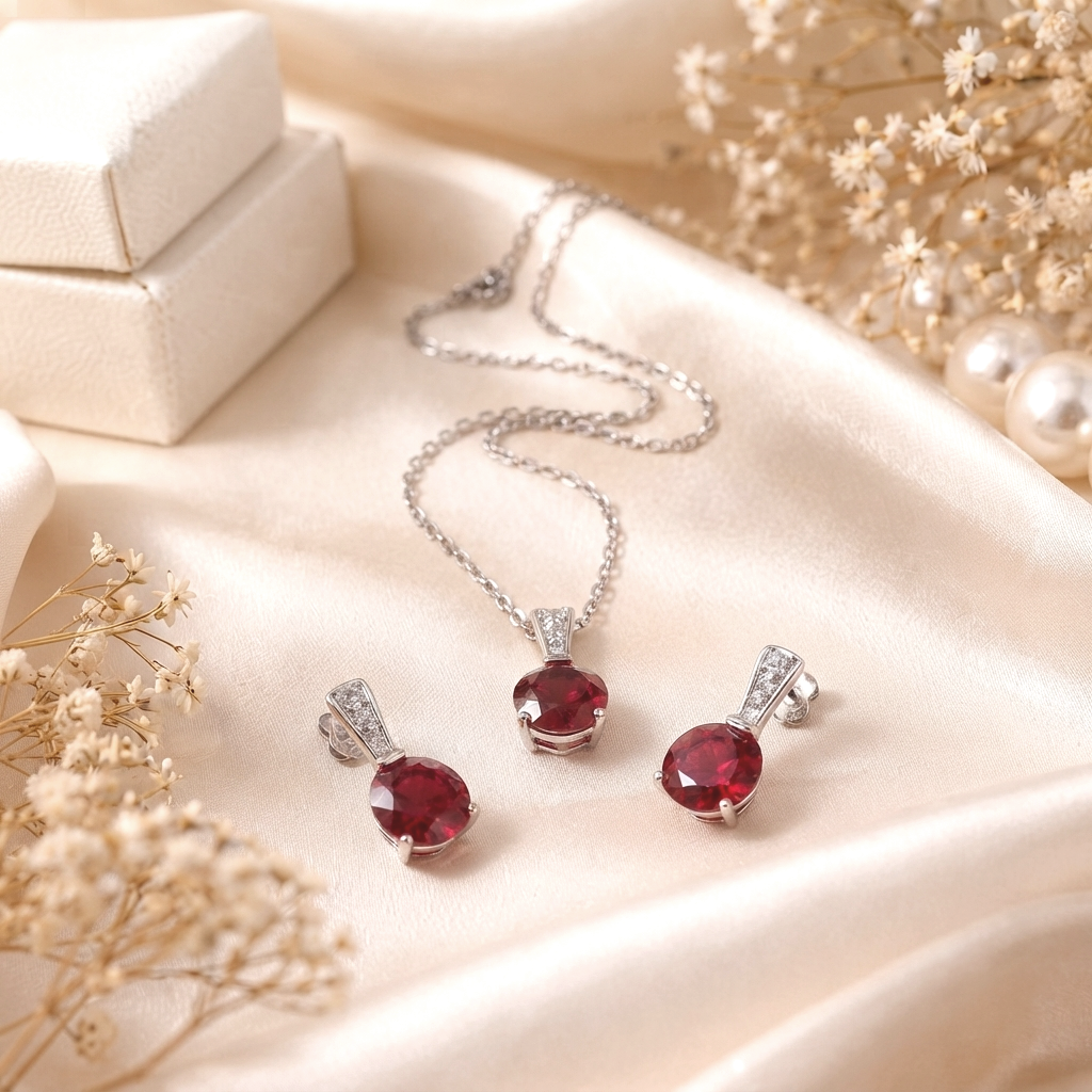Ruby Romance Pendant Necklace & Earrings Set - Silver Chain Set in Silver 92.5