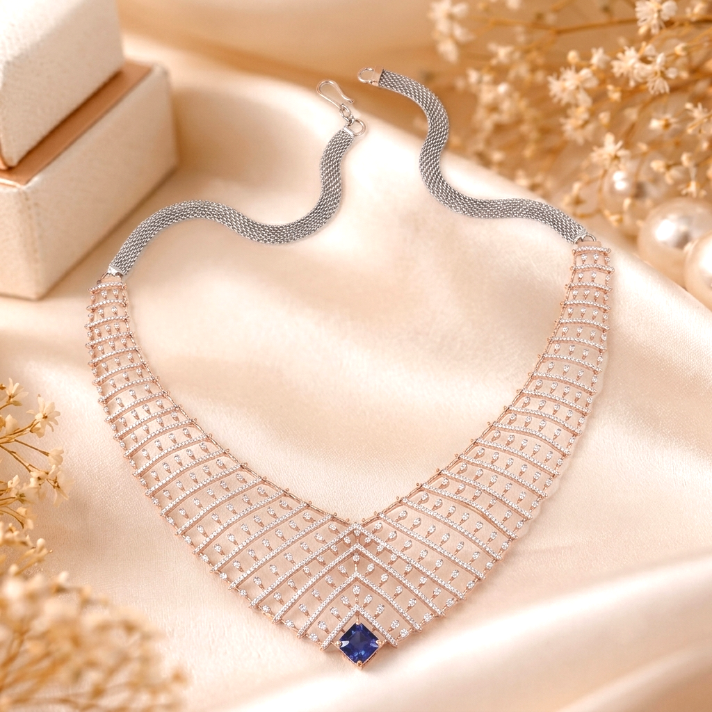 Royal V-Chevron Lattice 18K Gold and Diamond Choker with Tanzanite Center-piece - Necklaces in Gold 18K